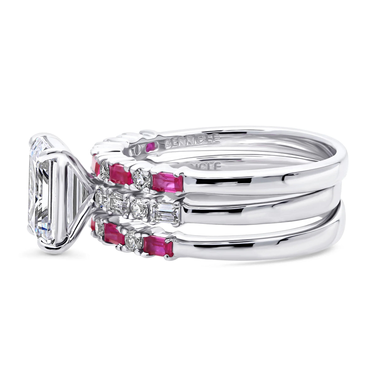Sterling Silver Emerald Cut Cubic Zirconia Art Deco Ring Set, Rhodium Plated Size 10 B931624