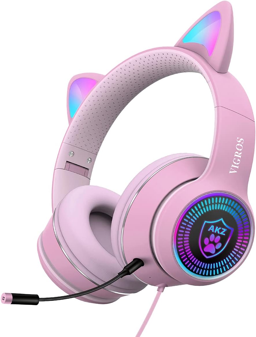Cat Ear Gaming Headphones Wired AUX 3.5mm with LED Light, Over-Ear Headsets with Microphone X599648