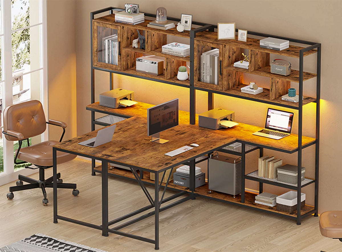 58" Brown L Shaped Gaming Desk with LED Lights and Bookshelf S60335