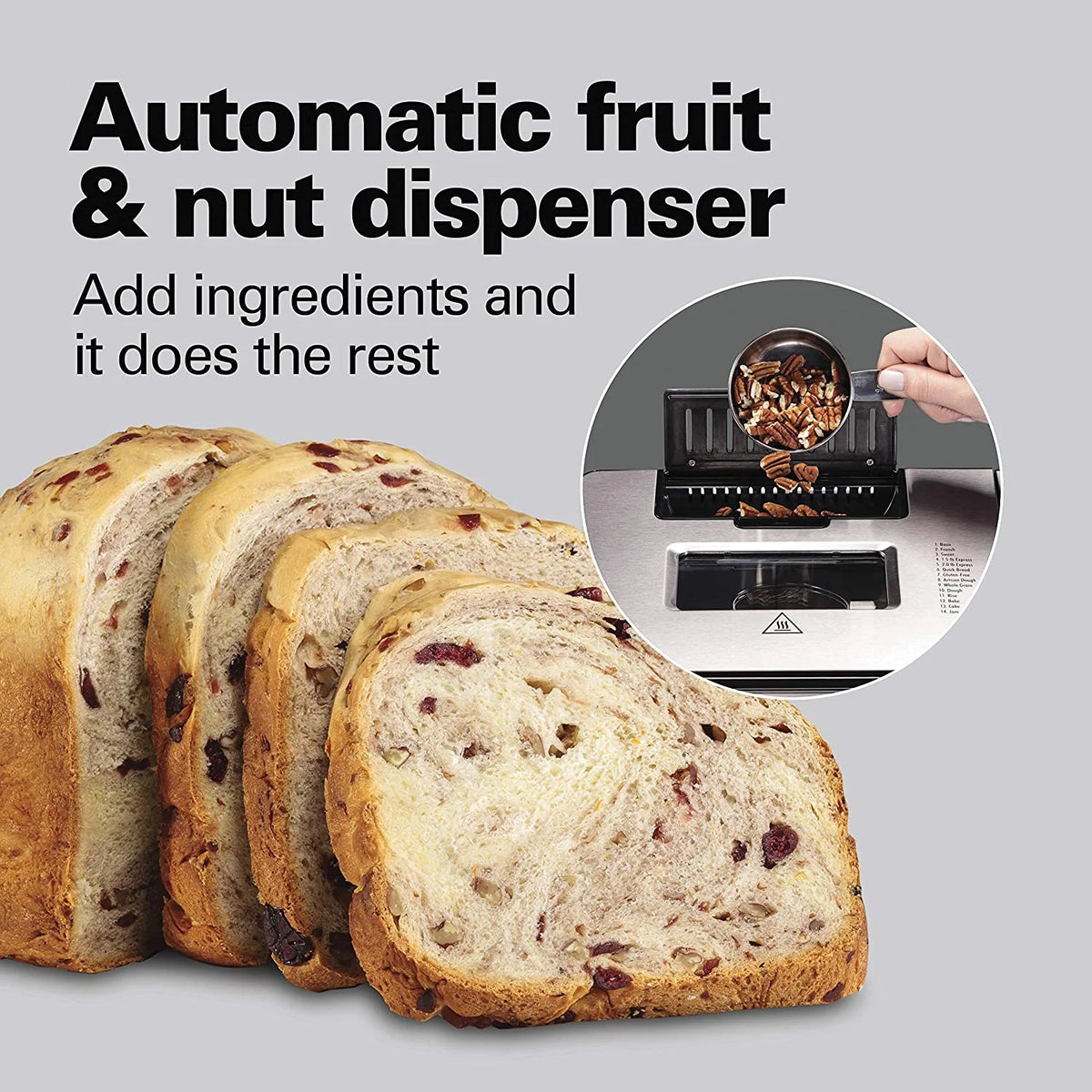 Bread Maker Machine with Auto Fruit and Nut Dispenser, 2 lb. Loaf Capacity, 14 Programmable Settings L86694