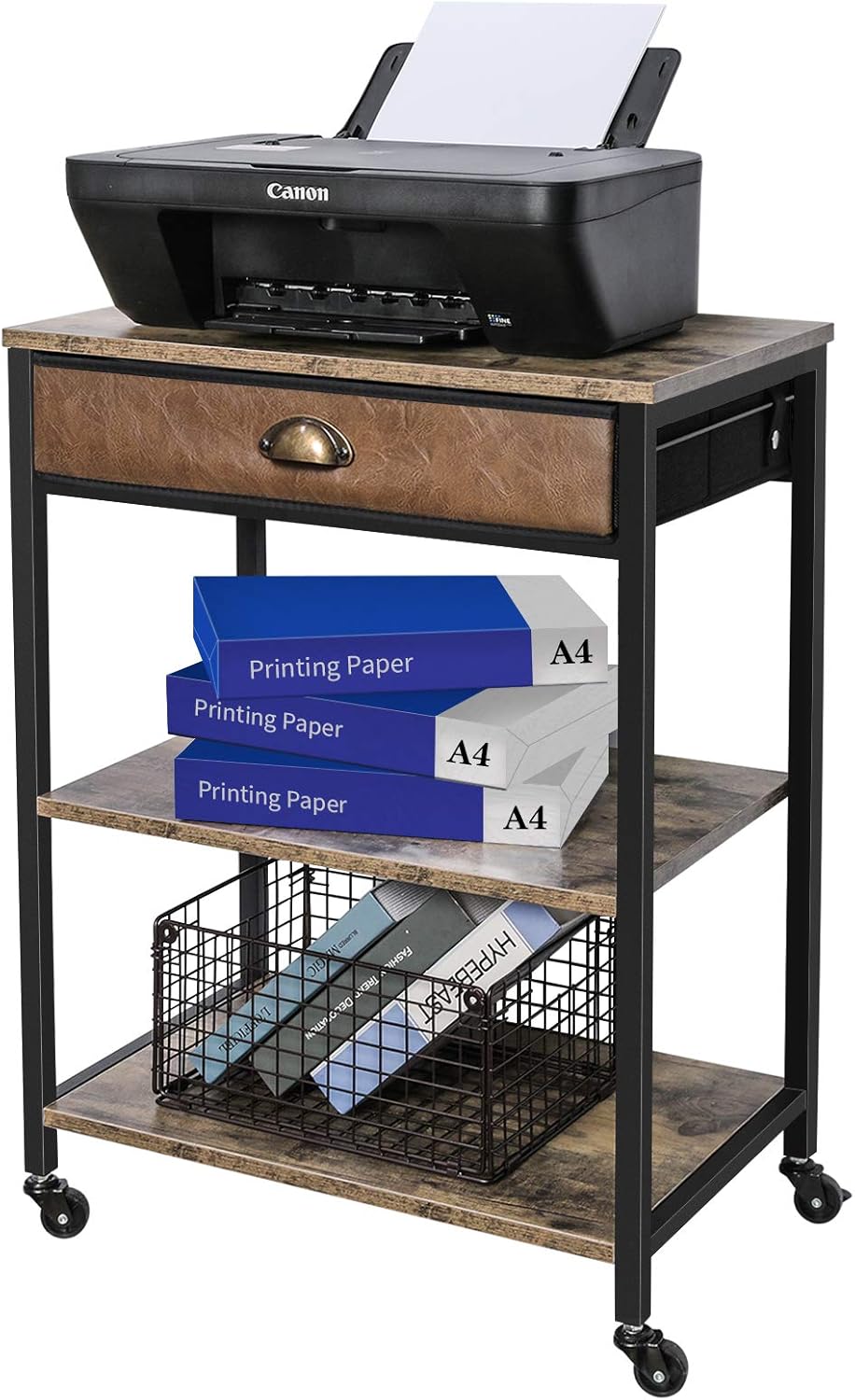Rustic Brown 3 Tier Mobile Printer Stand with Storage Drawer N841725