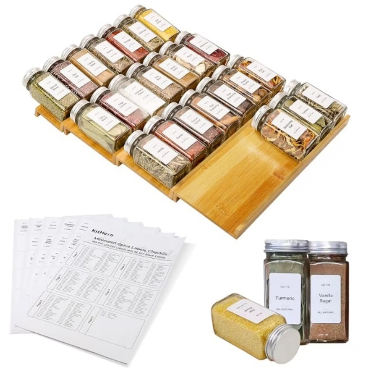 Bamboo 4 Tier Spice Rack with 24 Spice Jars and 216 Labels O8677