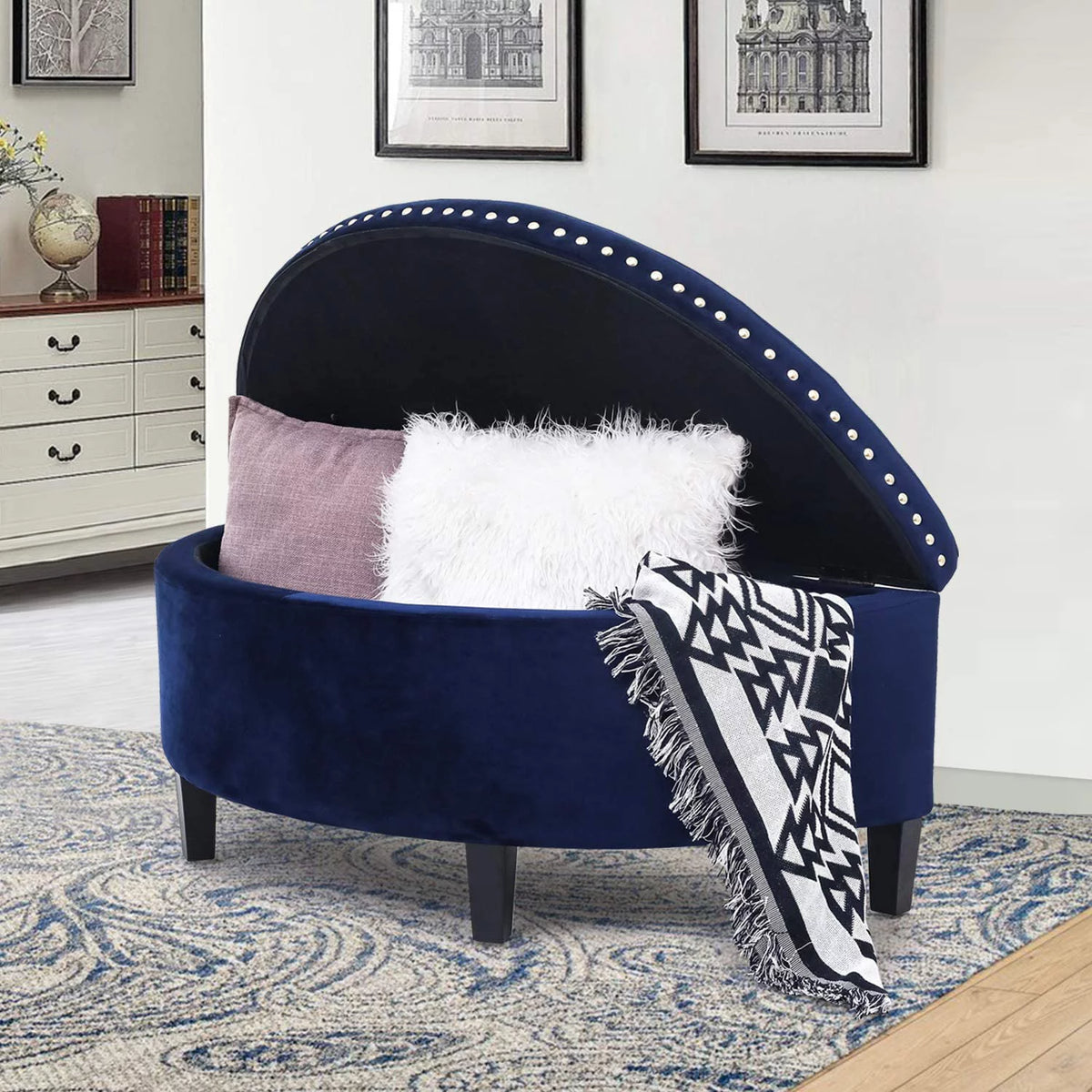 Dark Blue Button Tufted Half Moon Storage Ottoman I8267