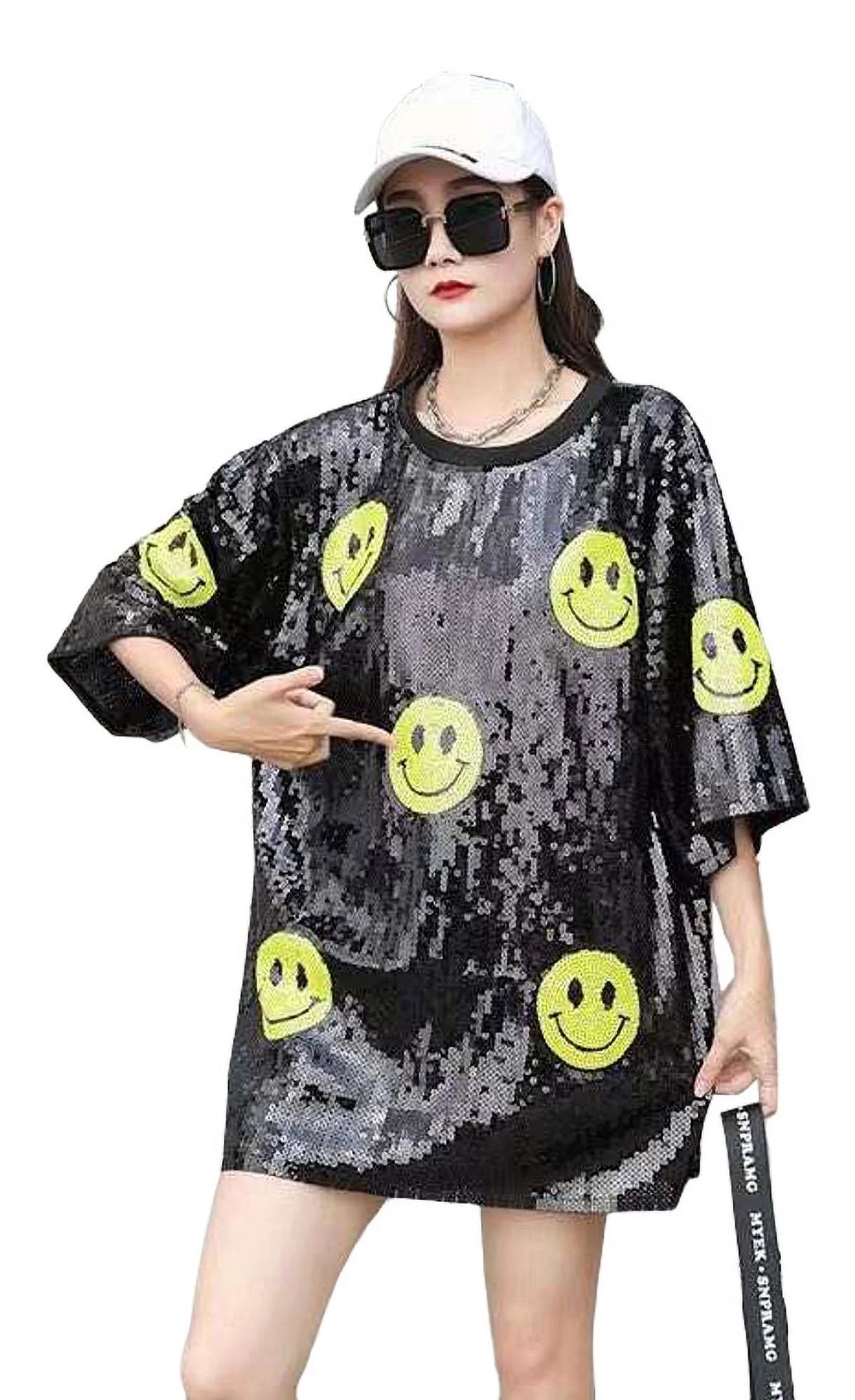 Sequin Smiley Face T Shirt Mini Dress Tunic Black S221477