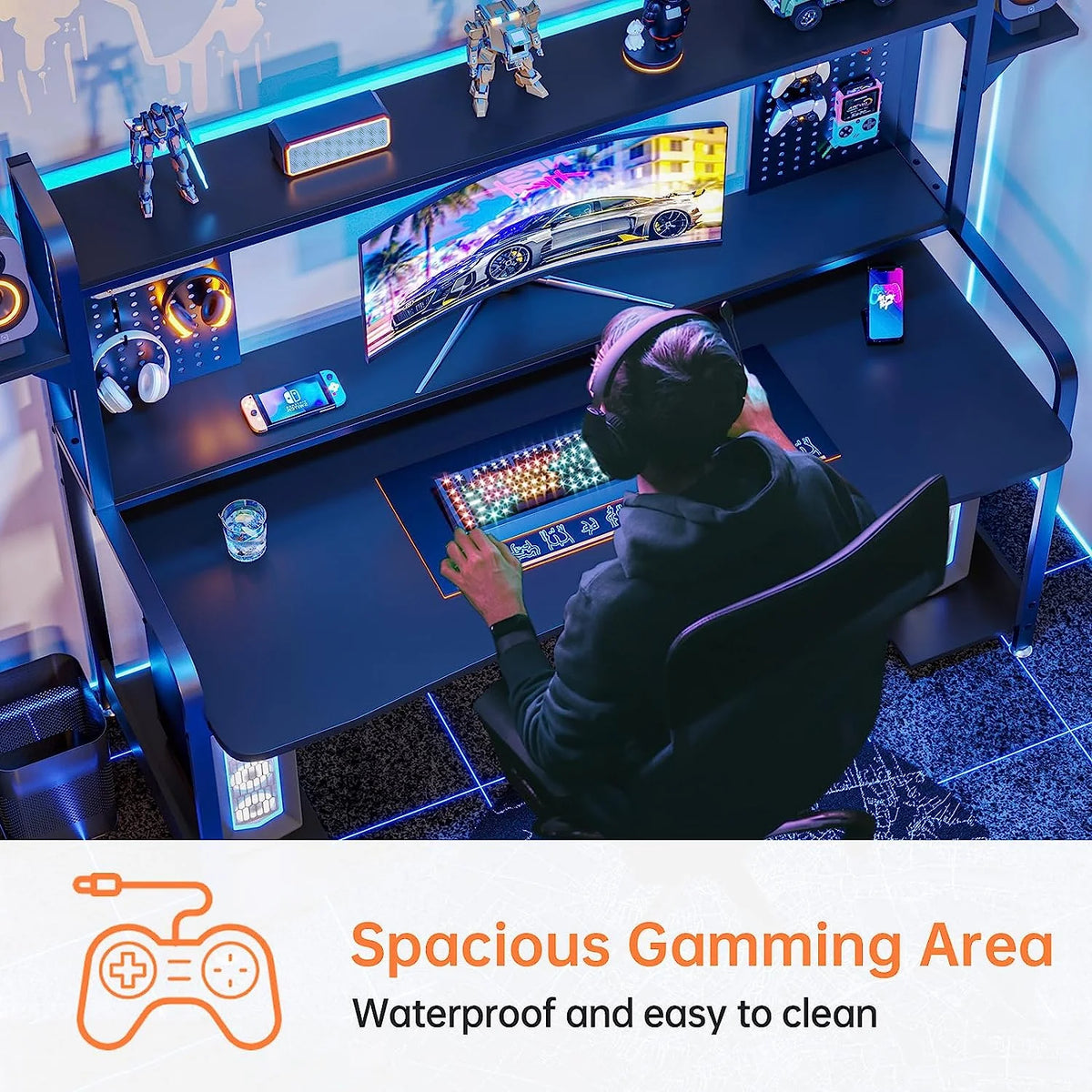 55" Gaming Desk with Hutch, Shelves, LED Lights, Pegboard and Monitor Shelf, Black B14768