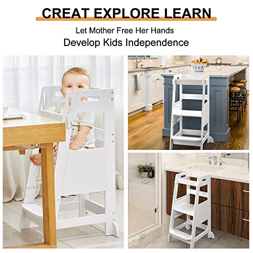 Bamboo Toddler Kitchen Step Stool White Height Adjustable with Anti-Slip Protection W4379