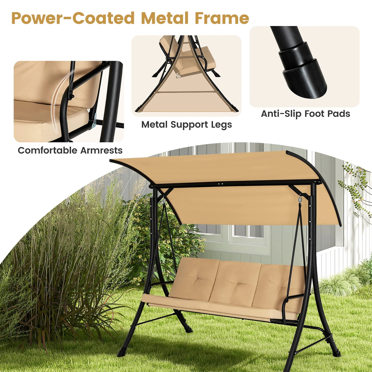 3 Person Patio Swing Chair with Cushions and Canopy T4993