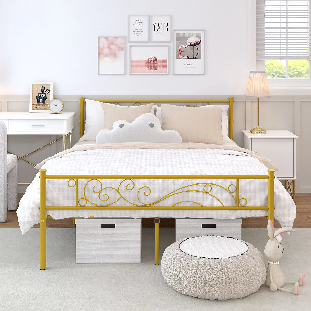 Full Size Black Metal Platform Bed Frame with Headboard and Footboard W52186