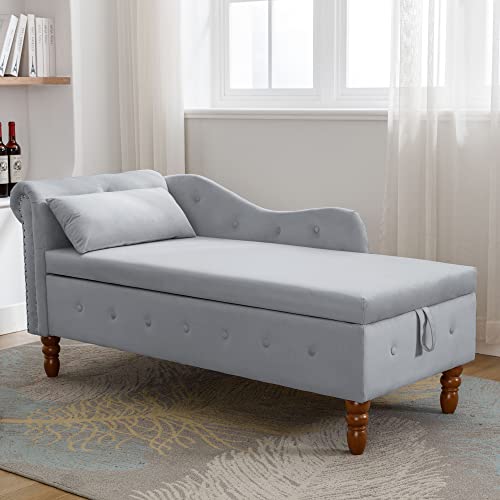 Gray Velvet Upholstered Lounge Chair with Storage and Pillow W202