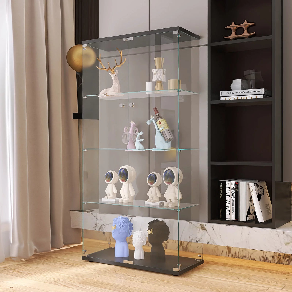 Black Glass Display Cabinet with 4 Shelves H867