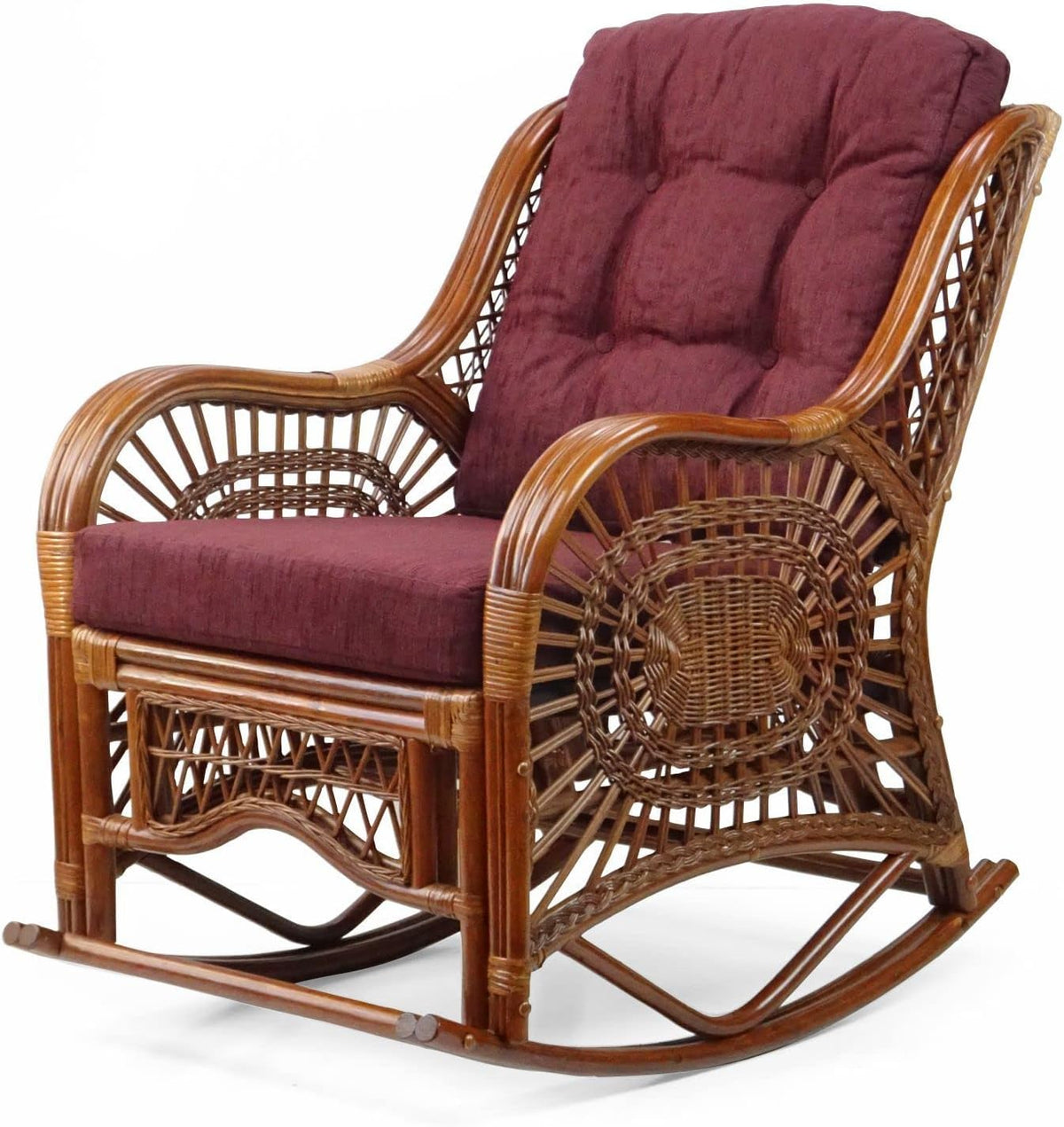 Natural Rattan Set of 2 Rocking Lounge Chairs with Dark Brown Cushions and Round Coffee Table with Glass D868743