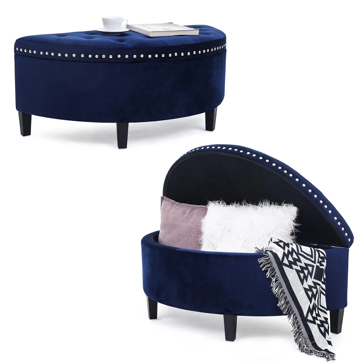 Dark Blue Button Tufted Half Moon Storage Ottoman I8267