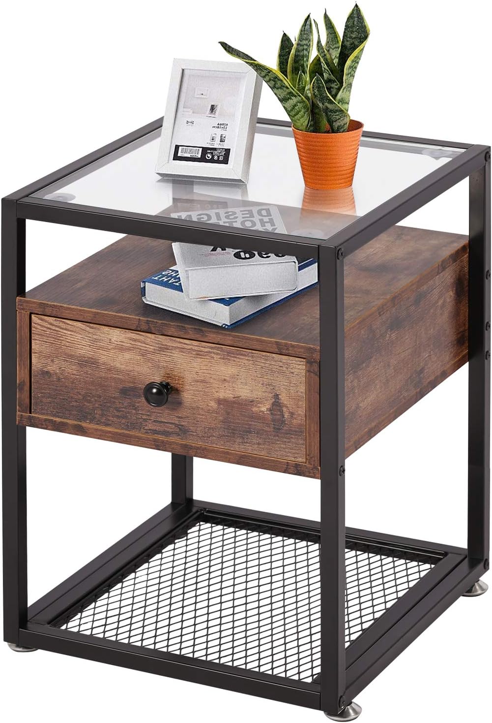 Black Side Table with Drawer and Shelf M9314