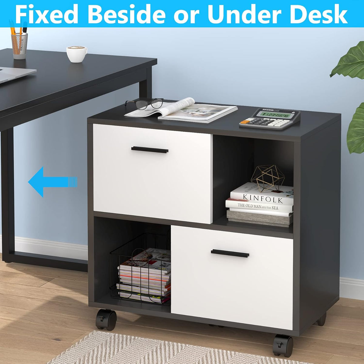 Black & White 2 Drawer Mobile File Cabinet with Wheels M6110