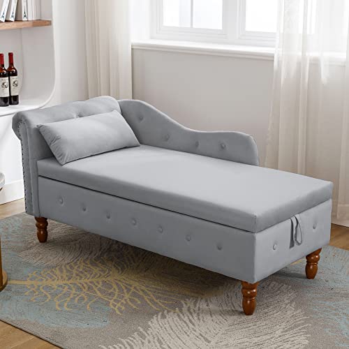 Gray Velvet Upholstered Lounge Chair with Storage and Pillow W202