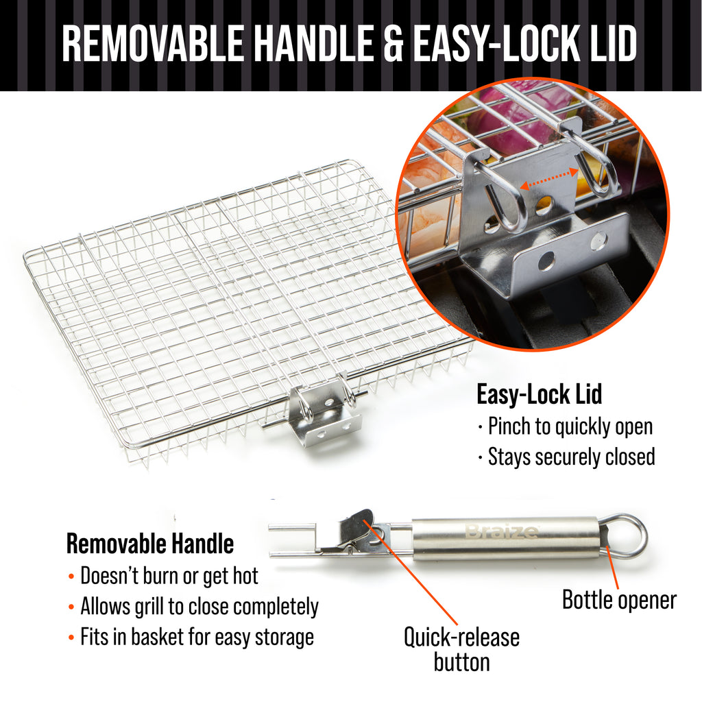 12" Stainless Steel BBQ Grill Basket with Removable Handle and Built-in Bottle Opener L220651