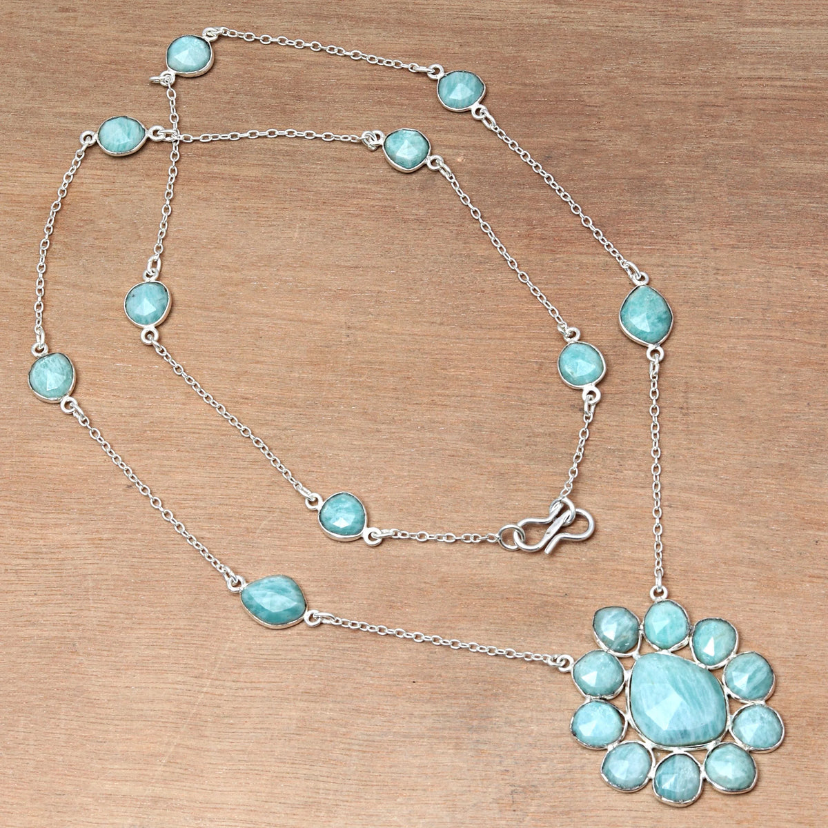Antique 925 Silver Amazonite Gemstone Necklace 26'' Q1605