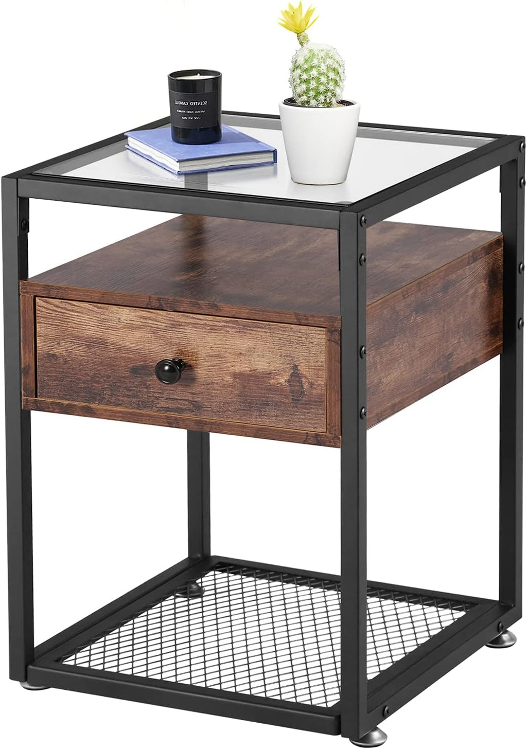 Black Side Table with Drawer and Shelf M9314