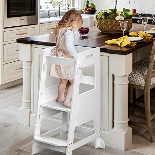 Bamboo Toddler Kitchen Step Stool White Height Adjustable with Anti-Slip Protection W4379