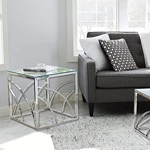 Glass End Table Set of 1 Square Tempered Glass Stainless Steel Side Table L186787