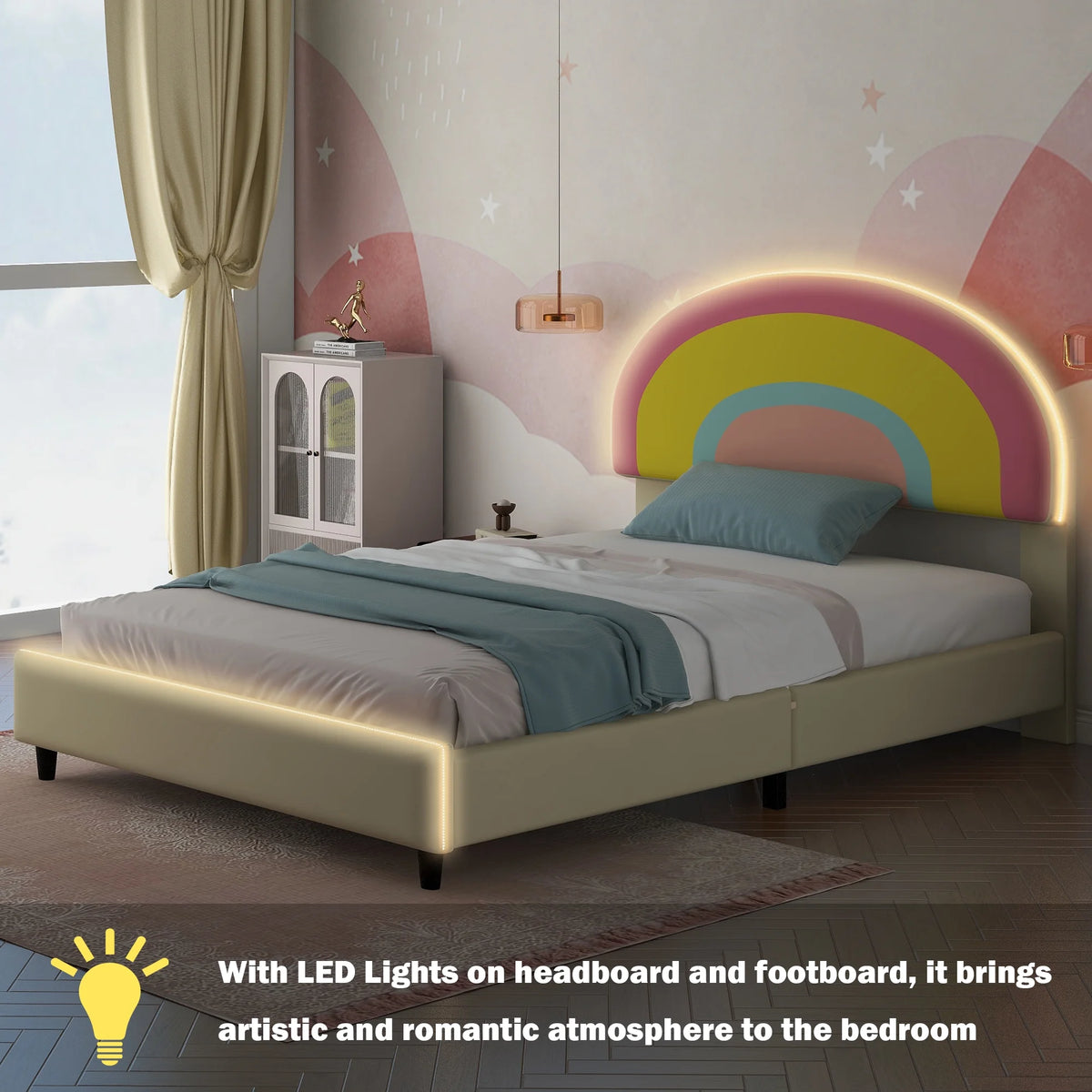 Twin Size Upholstered Platform Bed with Rainbow Shape Headboard and Lights U6485