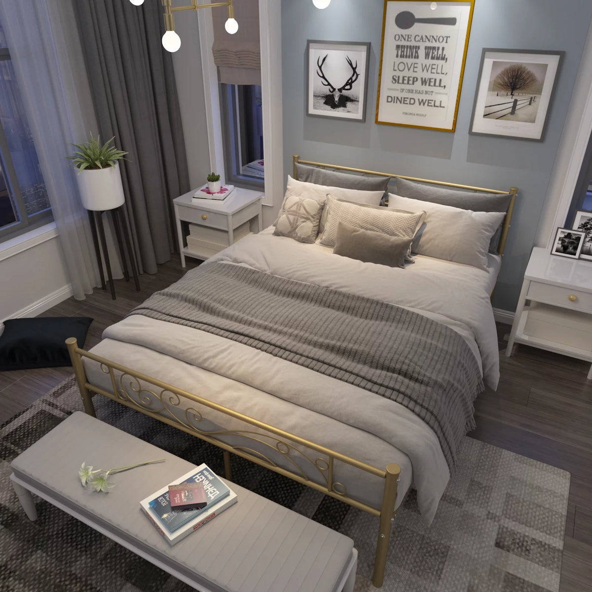 Full Size Black Metal Platform Bed Frame with Headboard and Footboard W52186