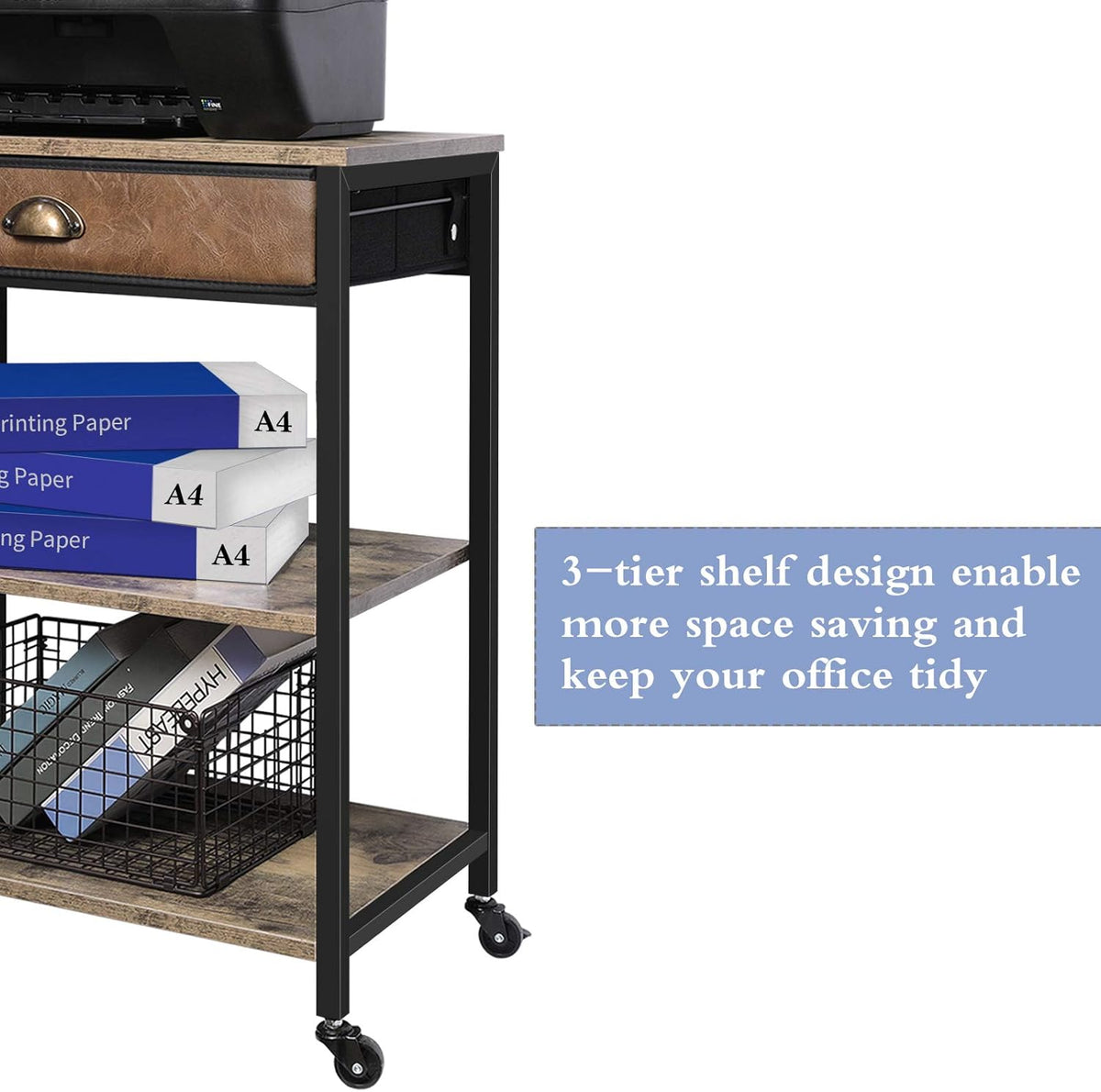 Rustic Brown 3 Tier Mobile Printer Stand with Storage Drawer N841725