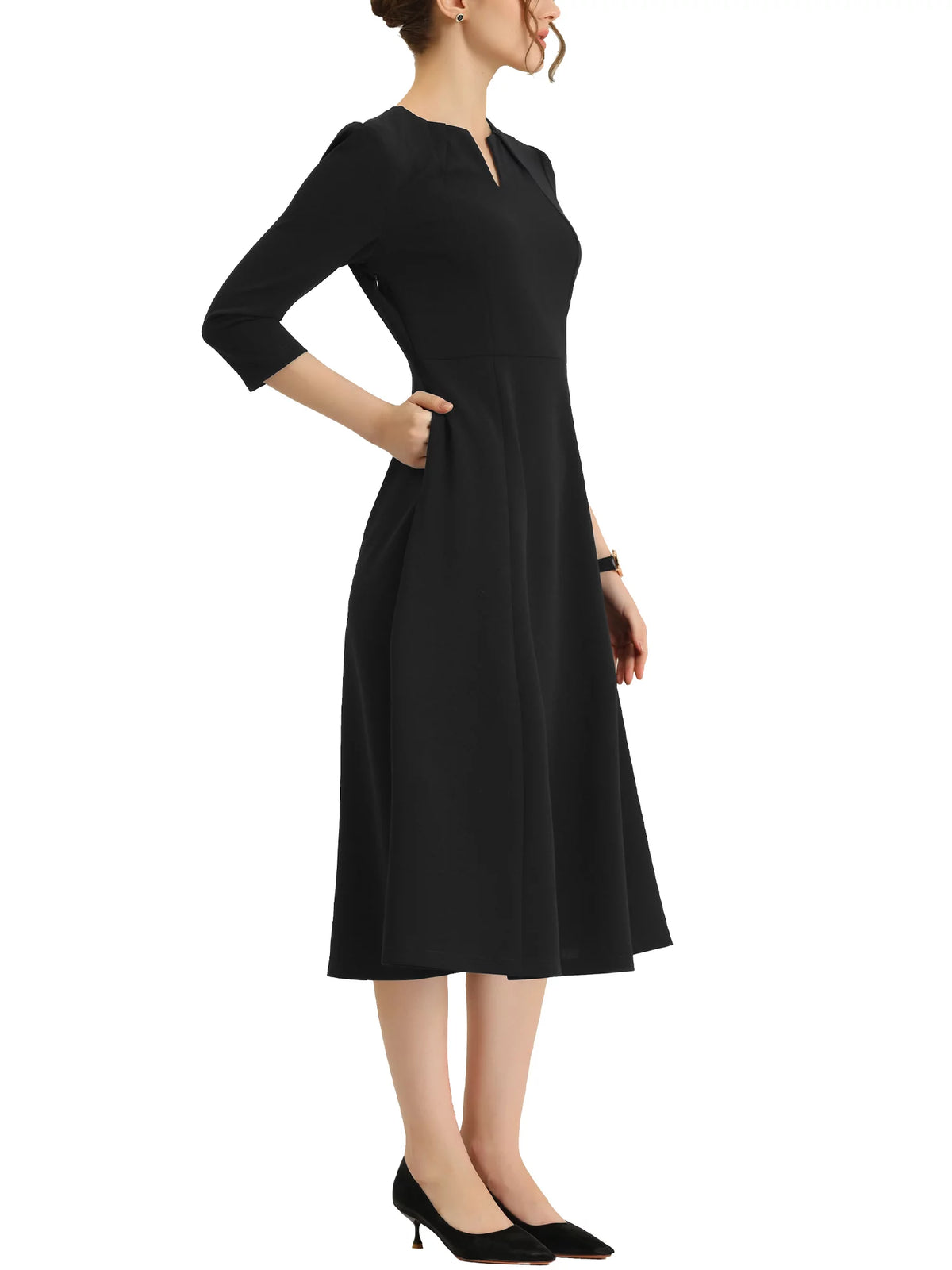 A-Line Dress 3/4 Sleeve Notched V Neck L14485