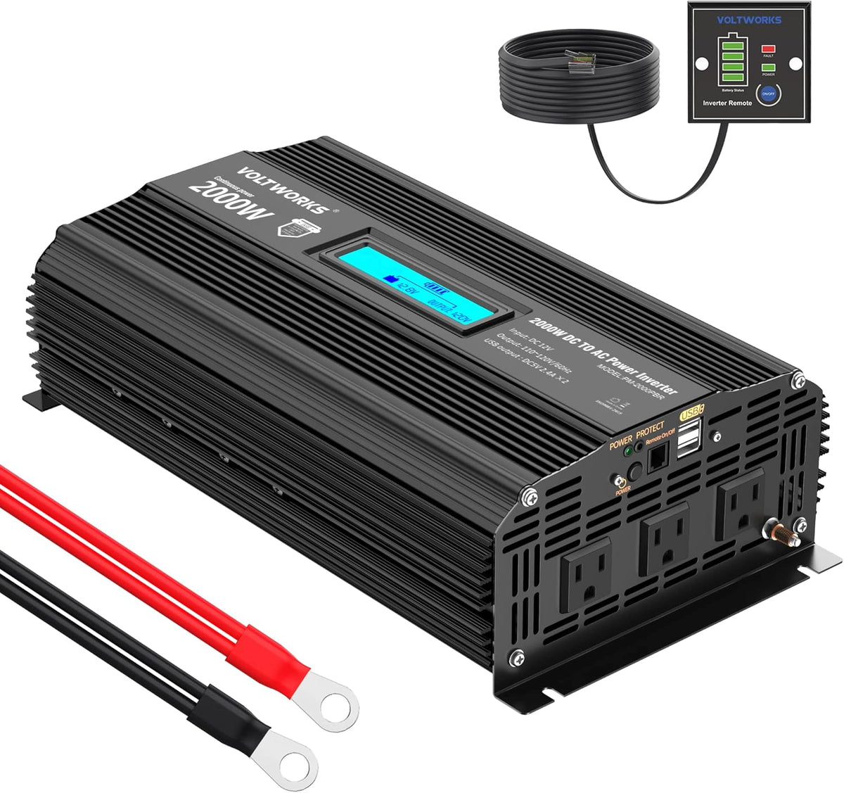 2000W Modified Sine Wave Power Inverter with LCD Display Remote Control 3 AC Outlets Dual USB Ports H669235