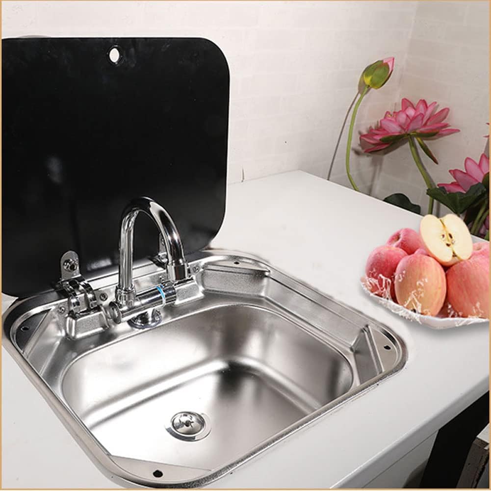 RV Stainless Steel Kitchen Sink with Folded Faucet and Tempered Glass Lid R285385