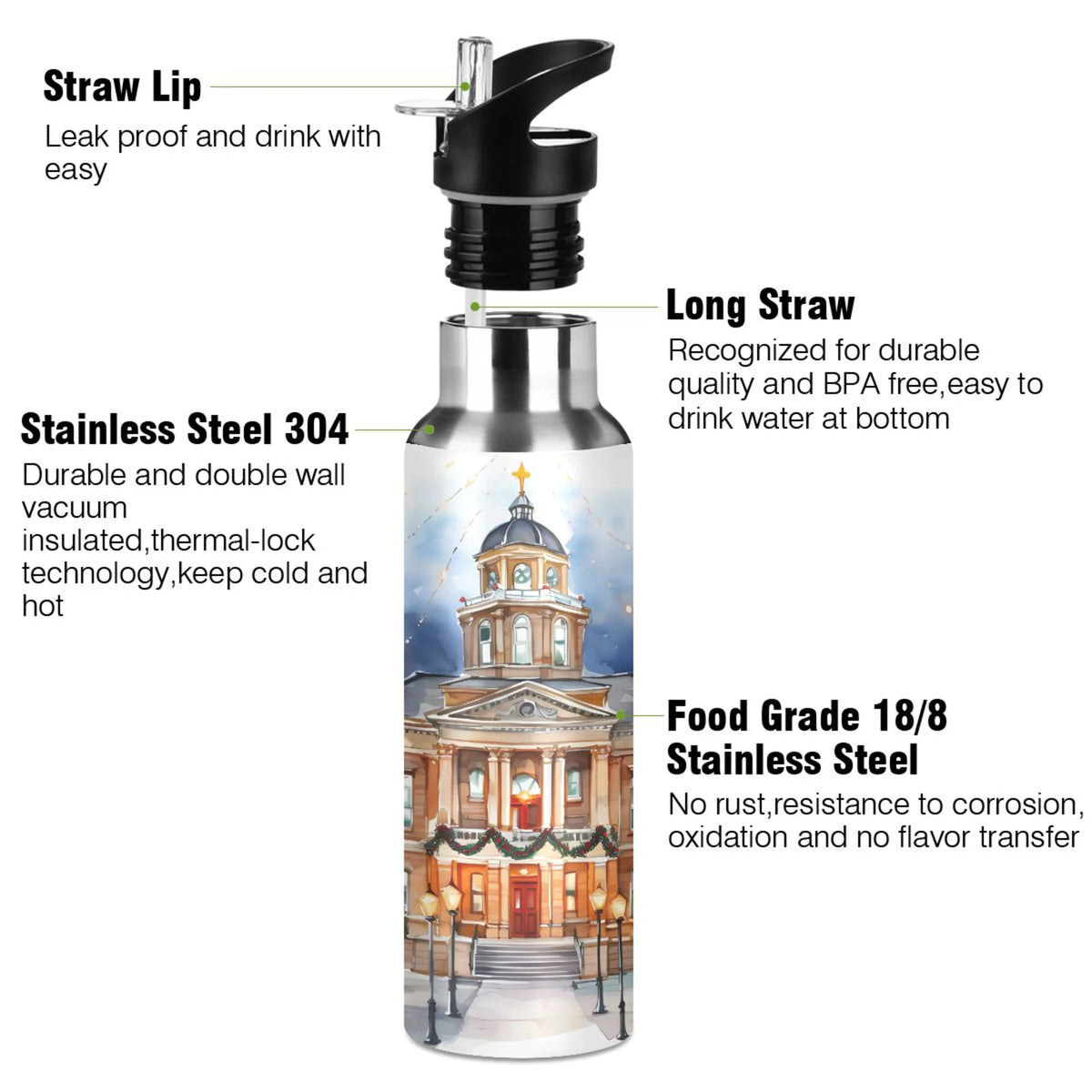 Stainless Steel Insulated Vacuum Flask Water Bottle with Straw Lid V79718