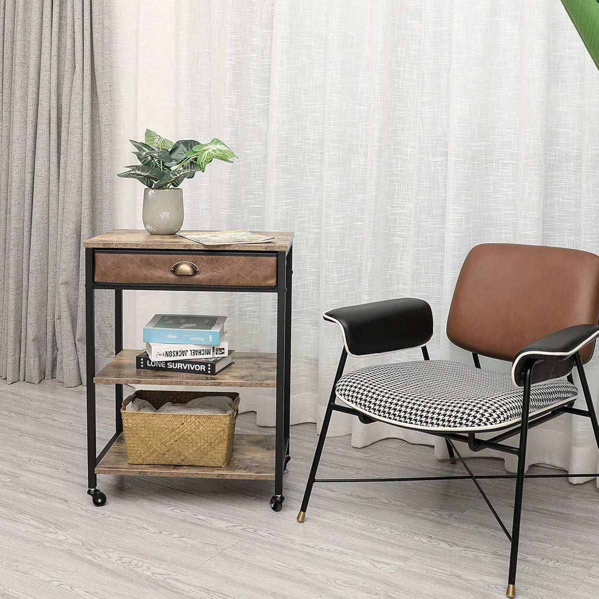 Rustic Brown 3 Tier Mobile Printer Stand with Storage Drawer N841725