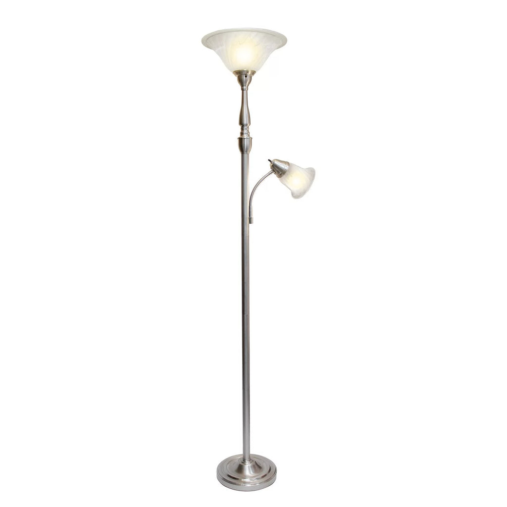2 Light Torchiere Floor Lamp with White Marble Glass, Brushed Nickel R7991
