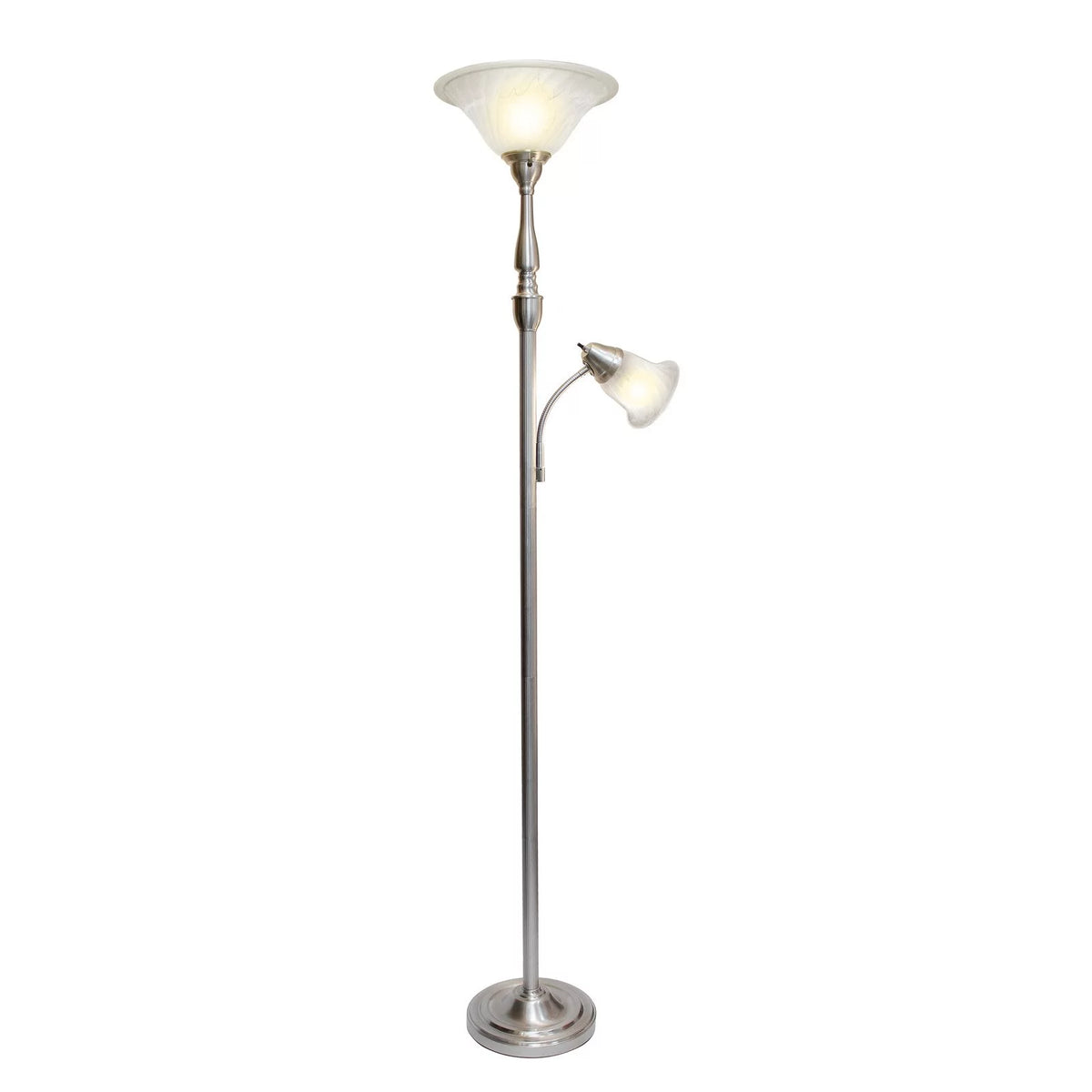 2 Light Torchiere Floor Lamp with White Marble Glass, Brushed Nickel R7991