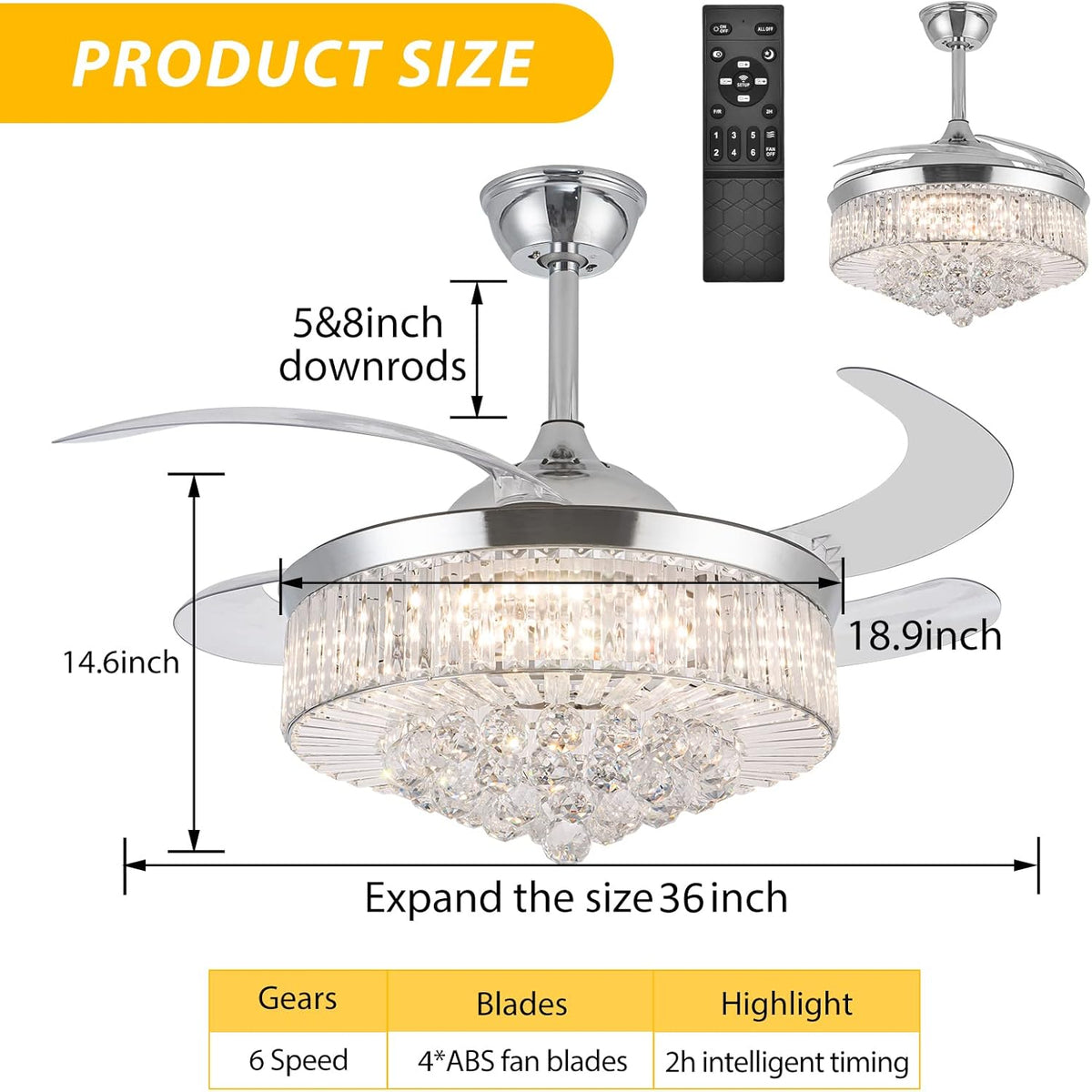 36 Inch Crystal Ceiling Fan with Lights, Remote Control Retractable Invisible Blades G394
