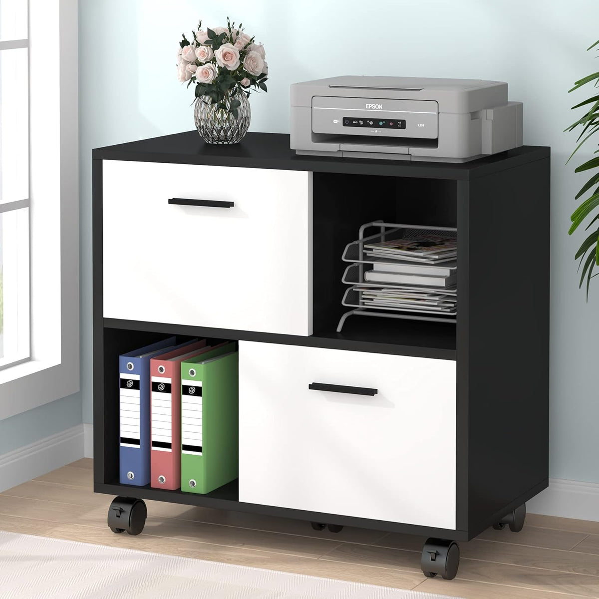 Black & White 2 Drawer Mobile File Cabinet with Wheels M6110
