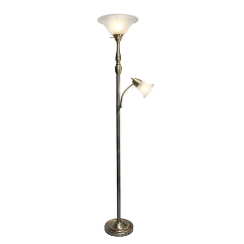 2 Light Torchiere Floor Lamp with White Marble Glass, Brushed Nickel R7991