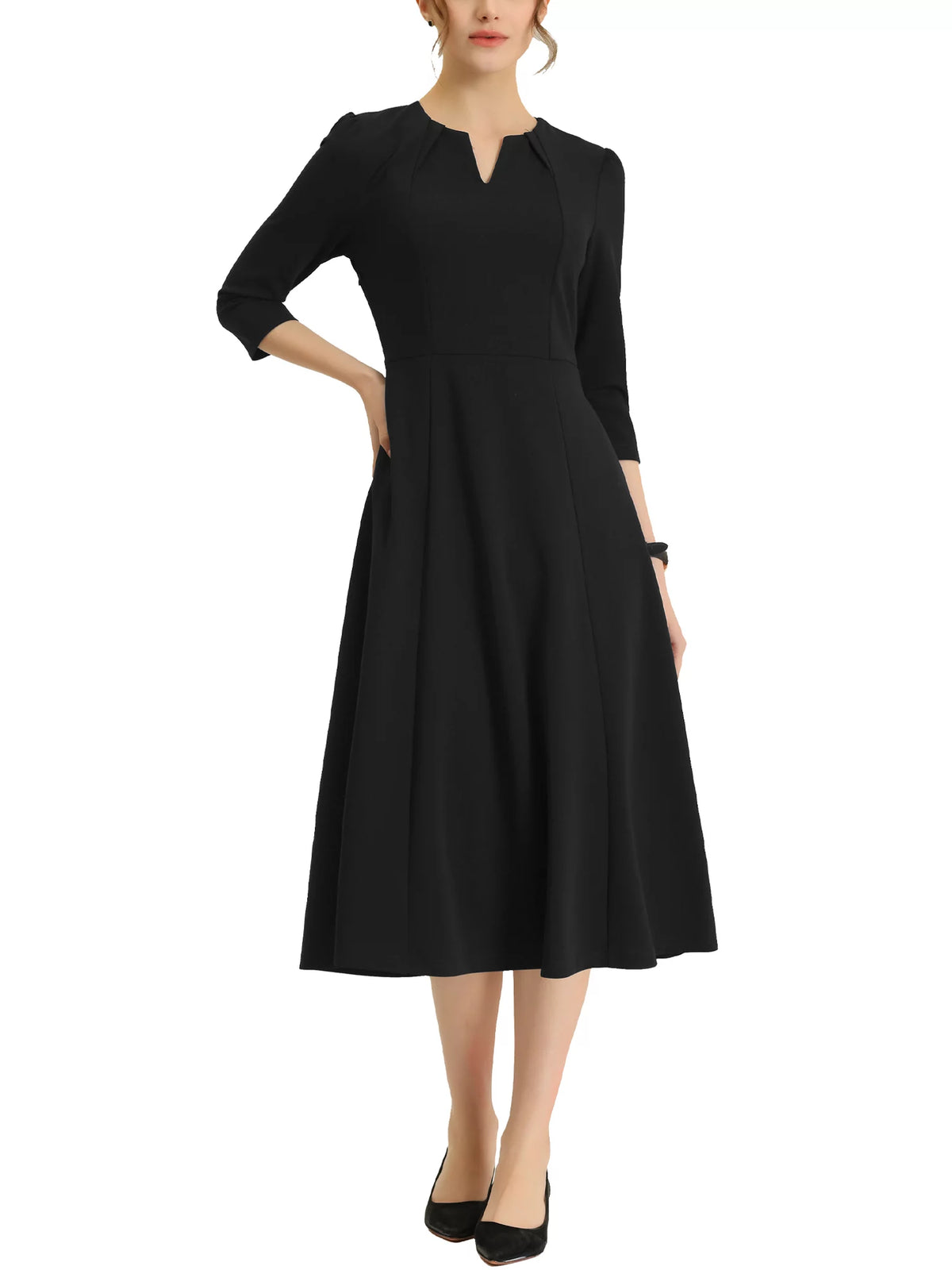 A-Line Dress 3/4 Sleeve Notched V Neck L14485