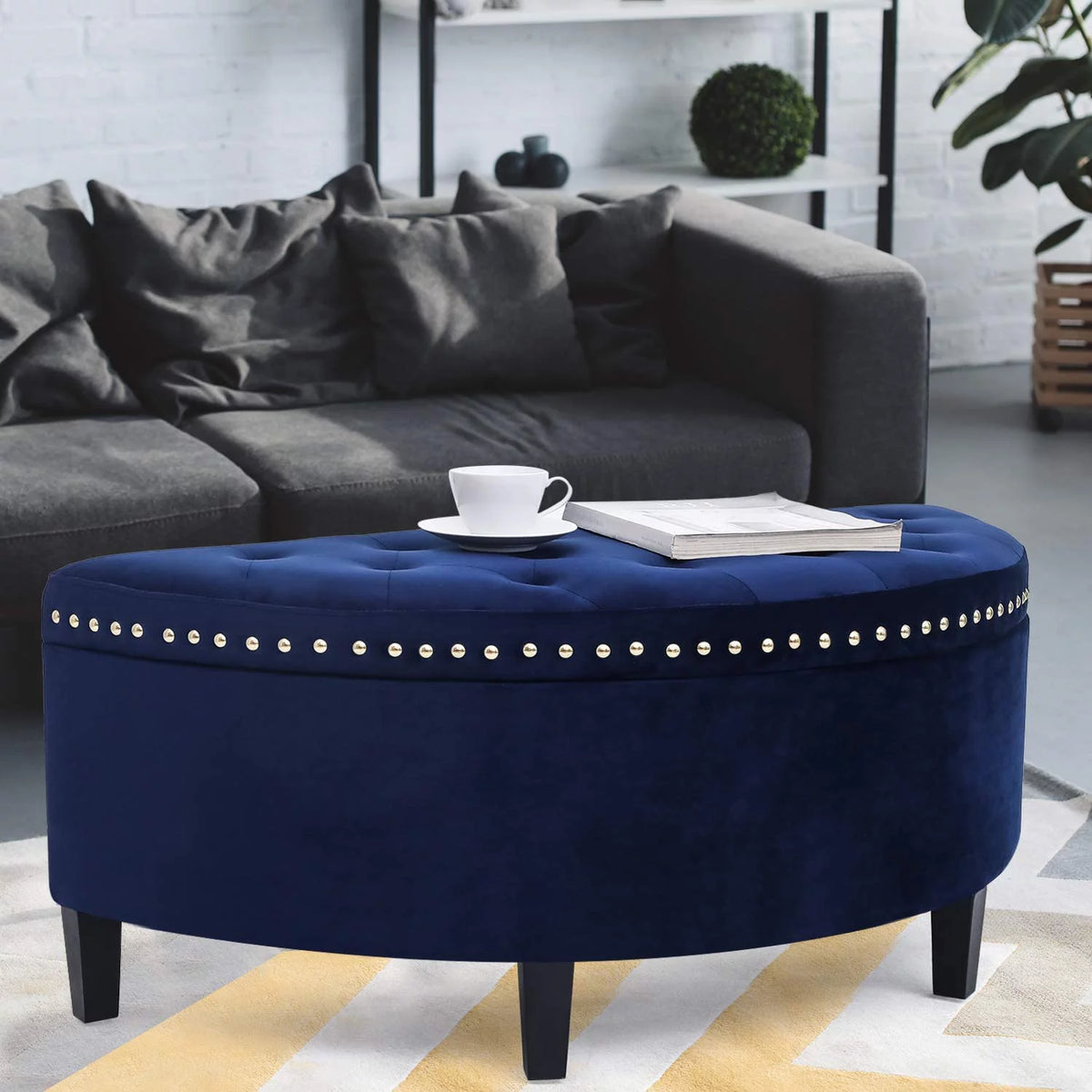Dark Blue Button Tufted Half Moon Storage Ottoman I8267