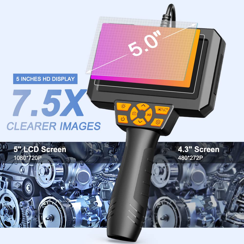 5 Inch Borescope with 6 LED Lights, 10FT Semi-Rigid Cable, IP67 Waterproof Inspection Camera with 32GB Card W13201