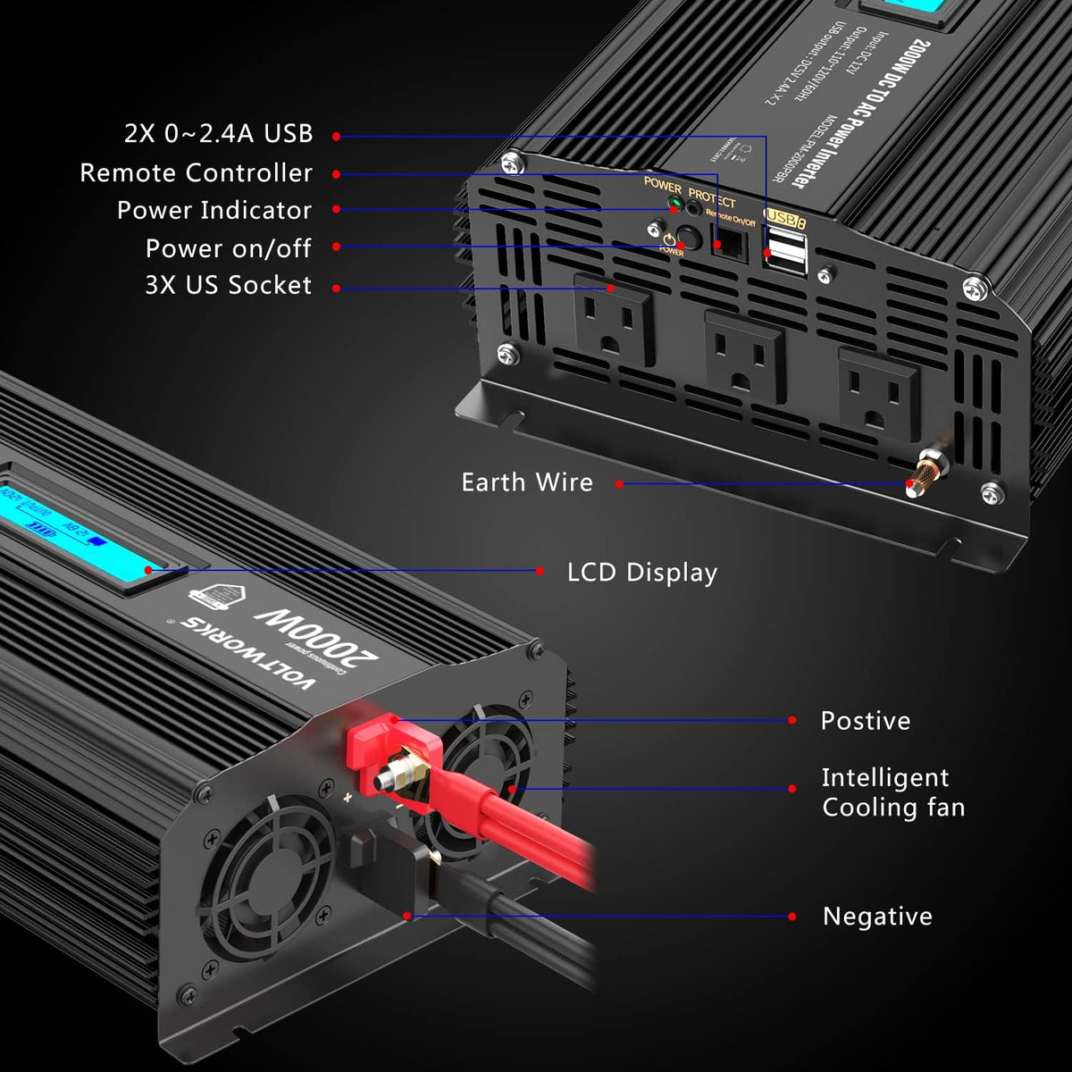 2000W Modified Sine Wave Power Inverter with LCD Display Remote Control 3 AC Outlets Dual USB Ports H669235