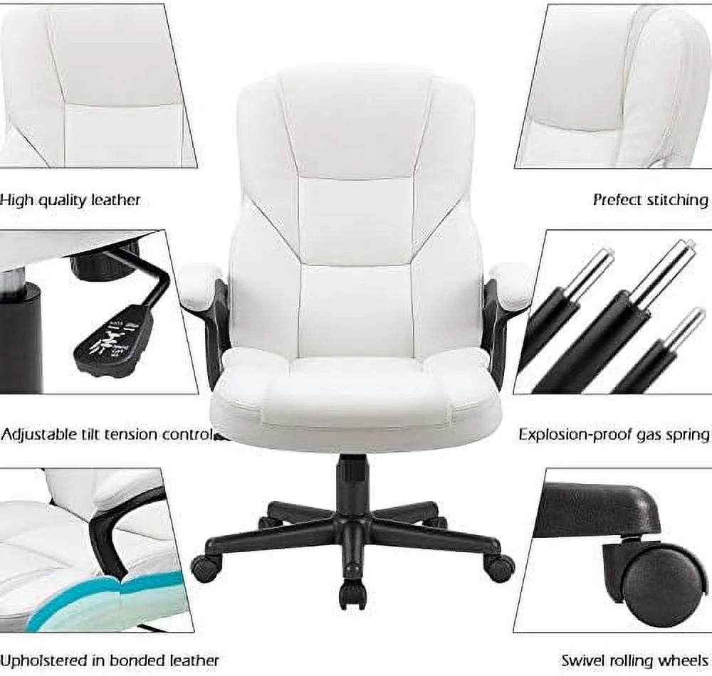 White High Back Adjustable PU Leather Office Chair with Lumbar Support B9420