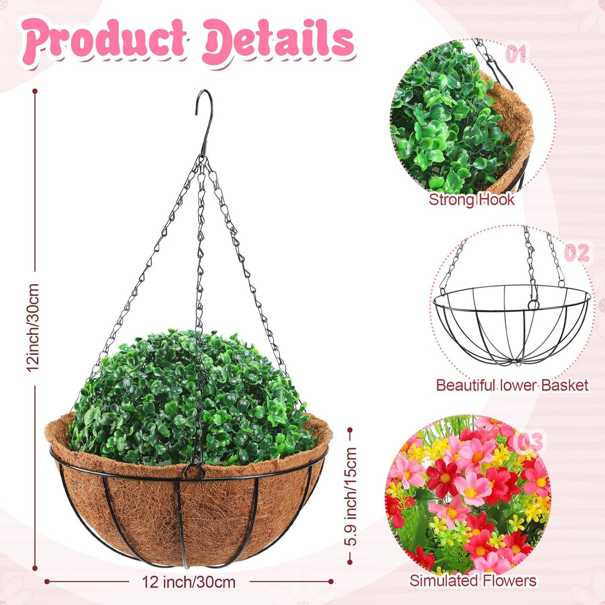 4 Pack Artificial Hanging Flowers in Basket with 12 Inch Coconut Lining T9594
