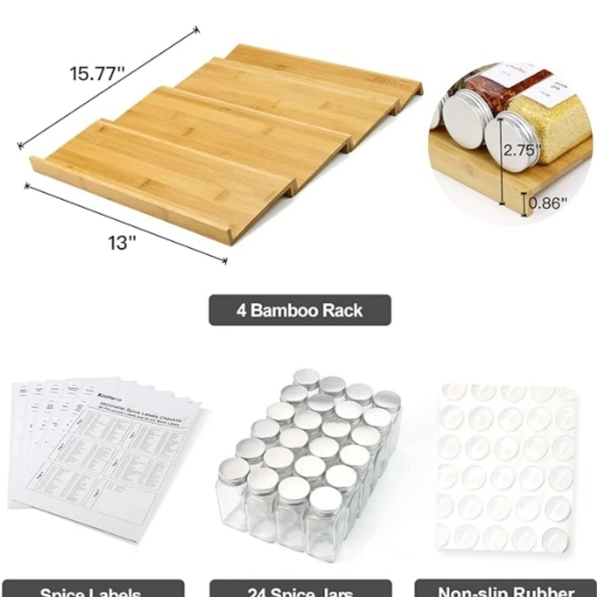 Bamboo 4 Tier Spice Rack with 24 Spice Jars and 216 Labels O8677