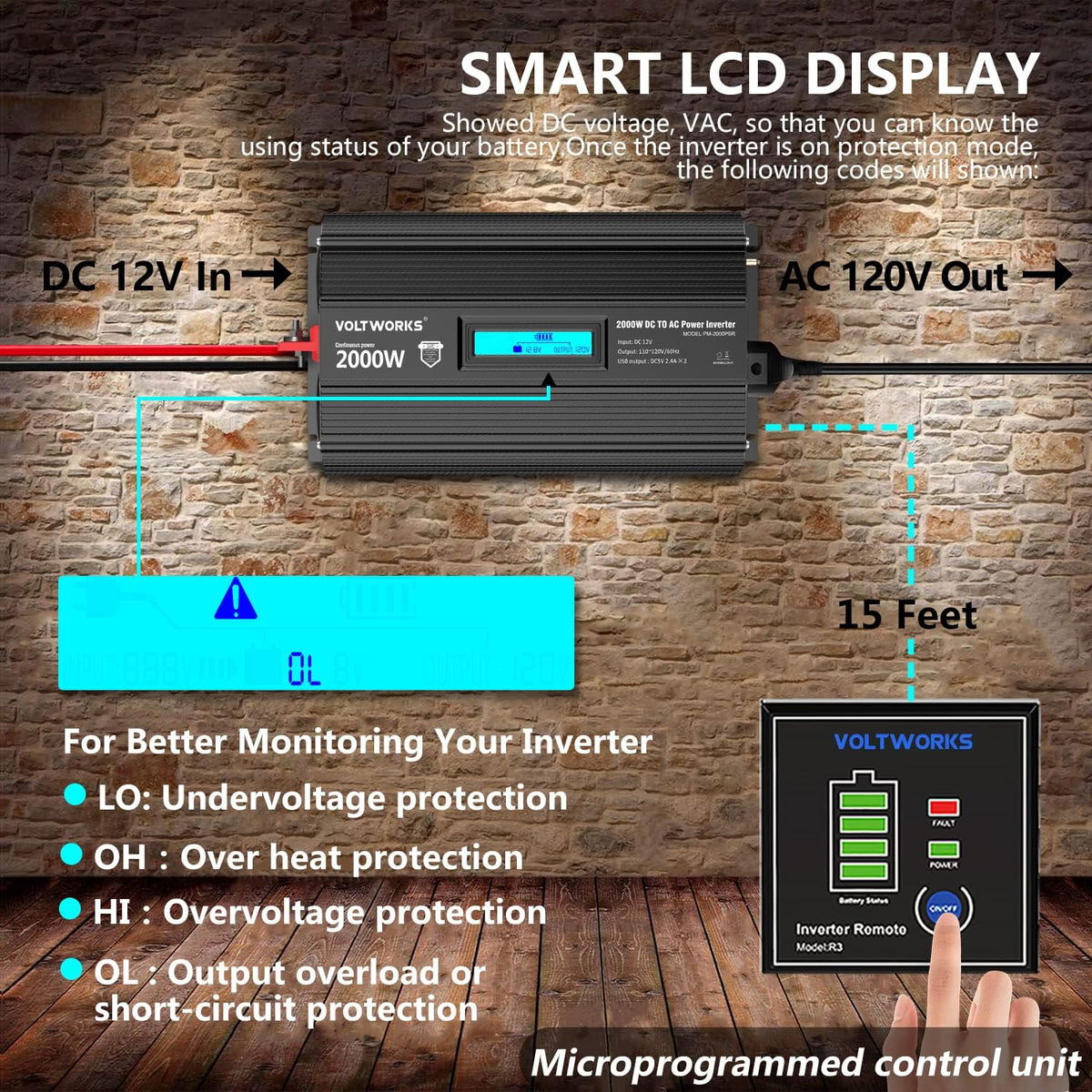 2000W Modified Sine Wave Power Inverter with LCD Display Remote Control 3 AC Outlets Dual USB Ports H669235
