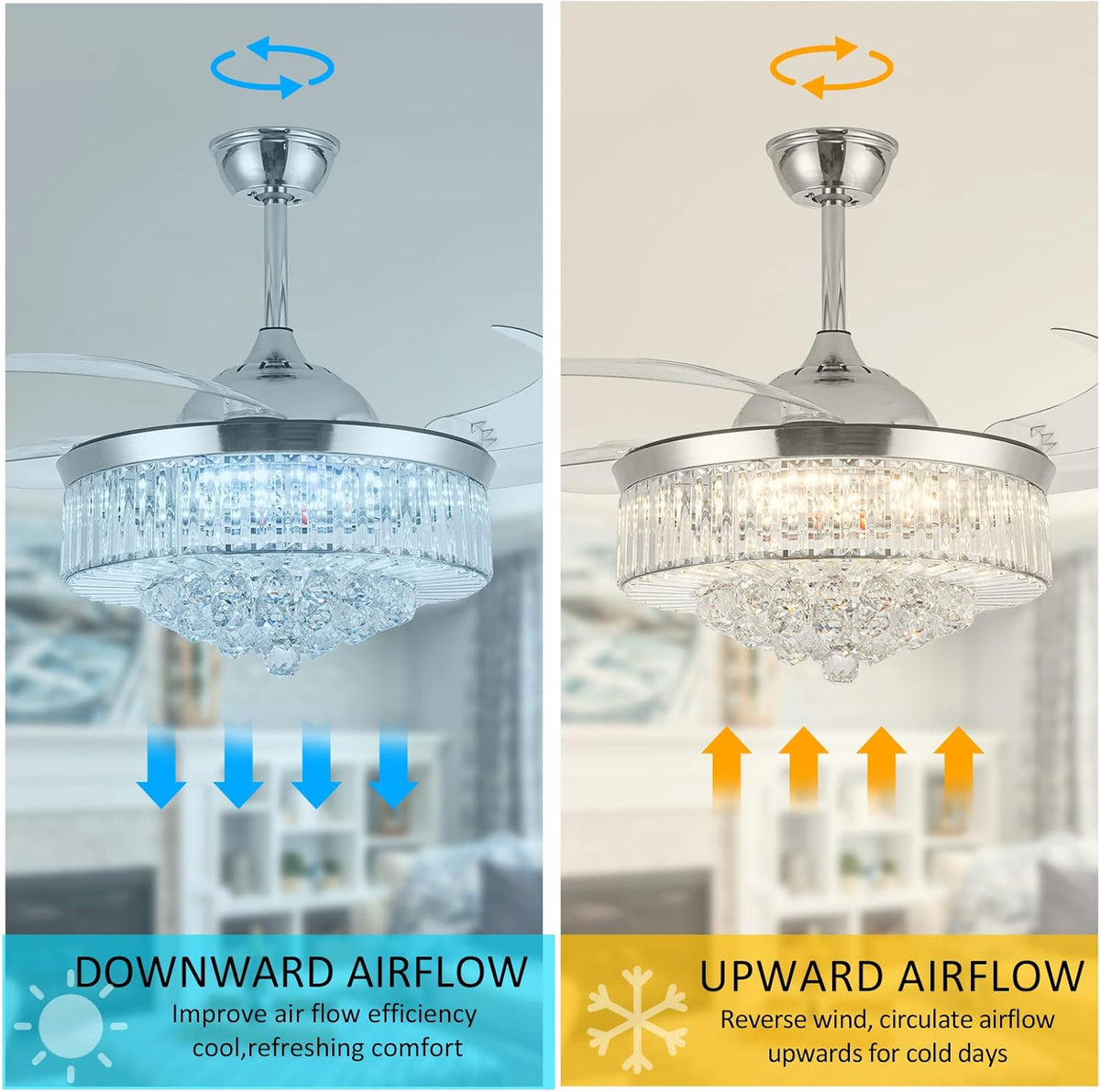 36 Inch Crystal Ceiling Fan with Lights, Remote Control Retractable Invisible Blades G394
