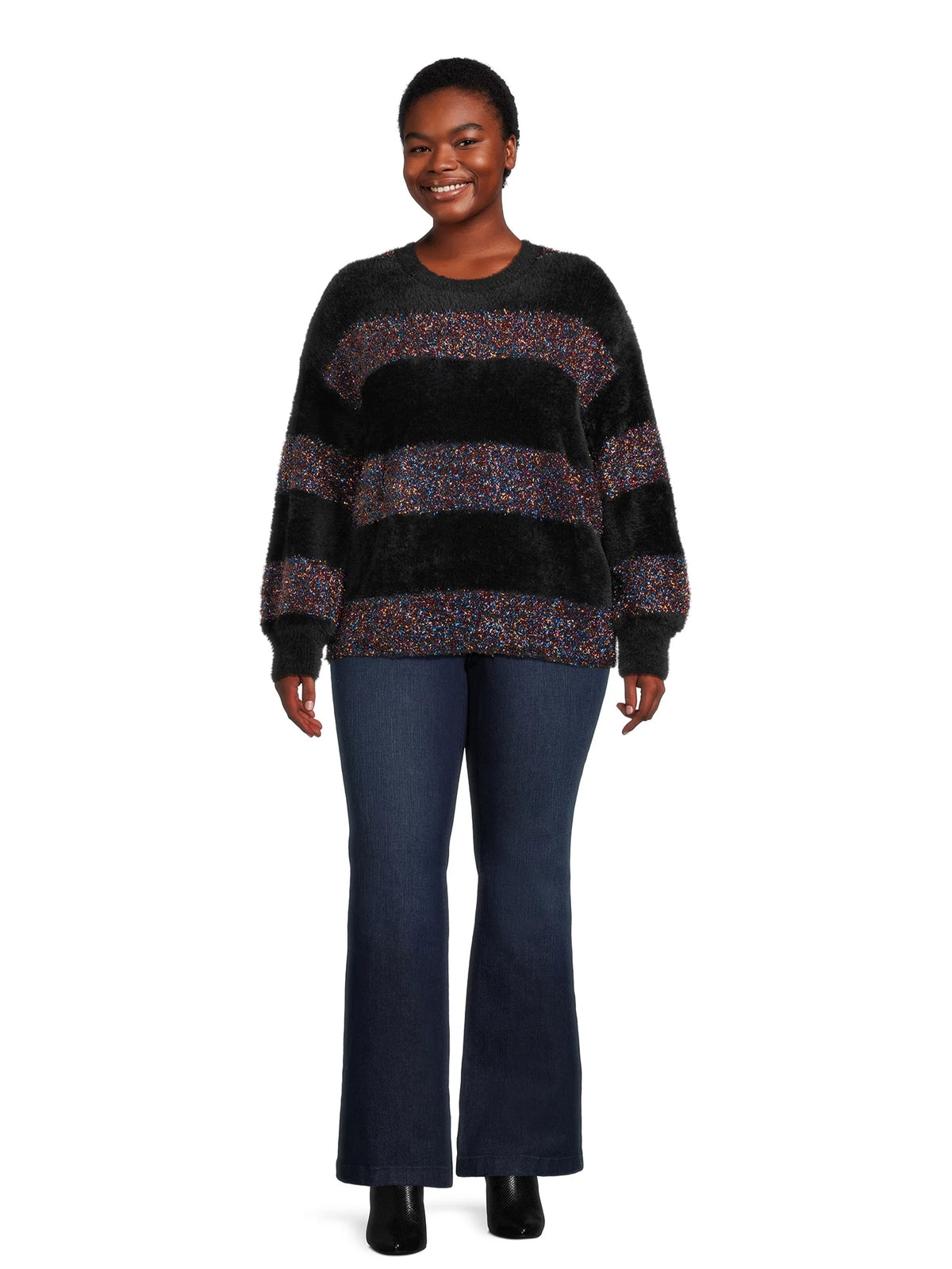 Metallic Stripe Pullover Sweater with Long Sleeves O257