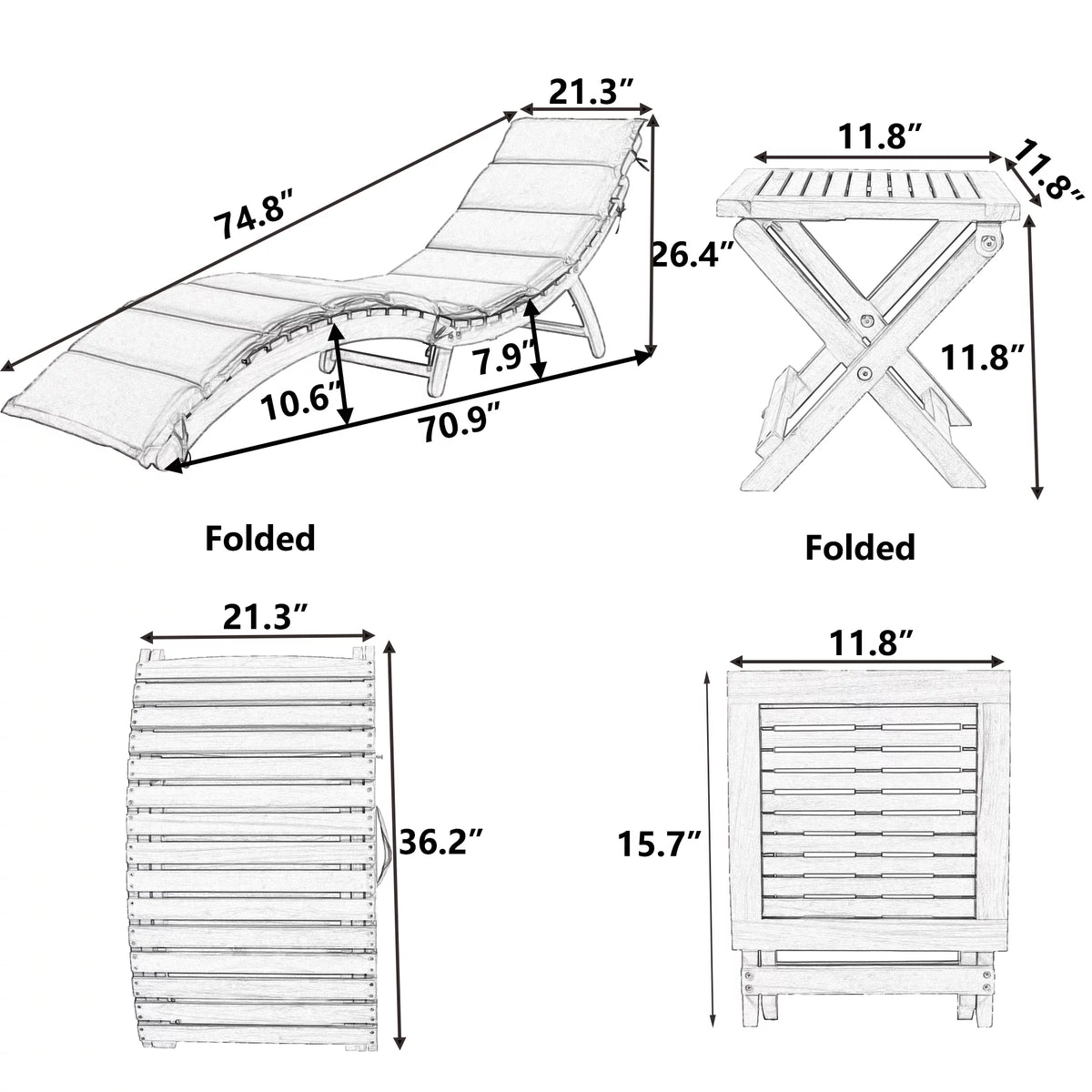 Wood Portable Extended Chaise Lounge Set with Foldable Tea Table L54708