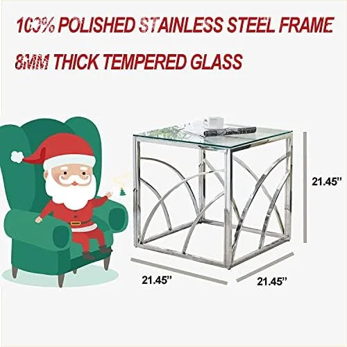 Glass End Table Set of 1 Square Tempered Glass Stainless Steel Side Table L186787