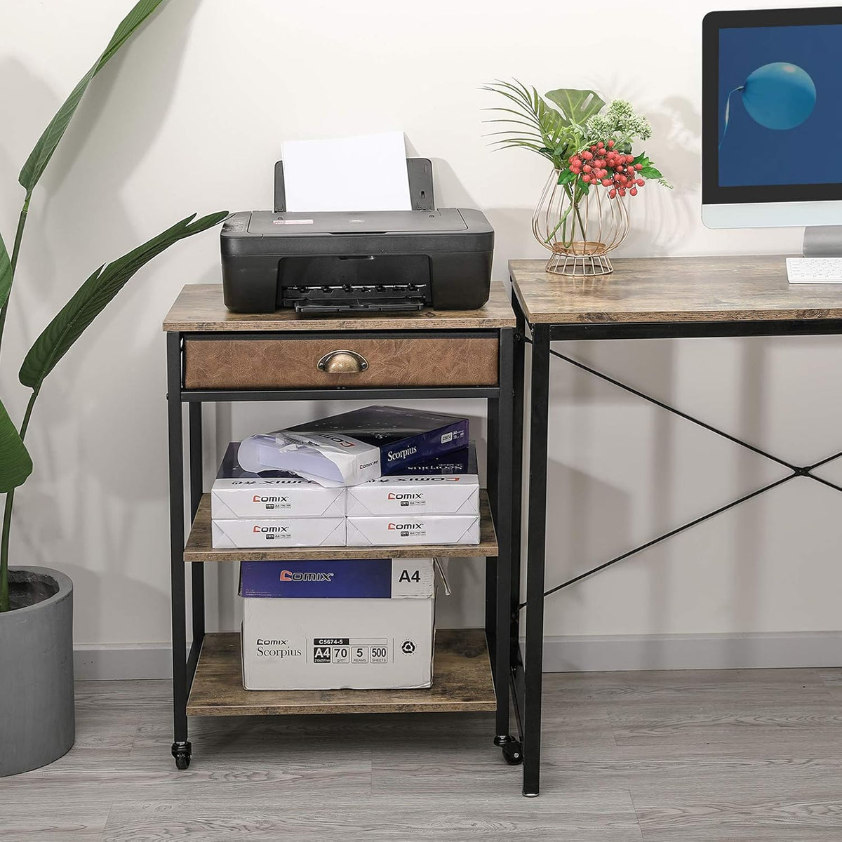 Rustic Brown 3 Tier Mobile Printer Stand with Storage Drawer N841725